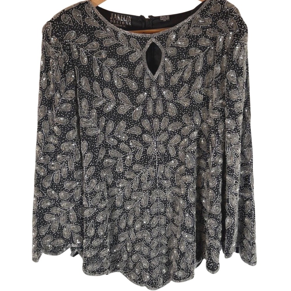 Vintage Jakelin Designs Sequin Beaded Top 2X Silk Black Silver
